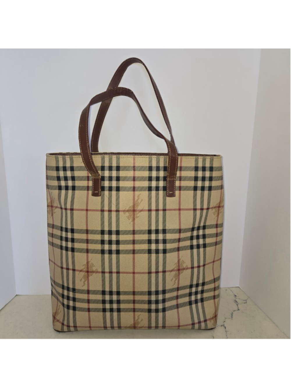 Vintage Burberry Haymarket Nova Check Coated Canvas Leather Trim Shopper Tote